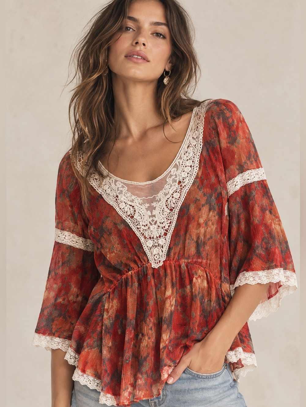 FREE PEOPLE Lace-Trim Red Floral Peasant Top
